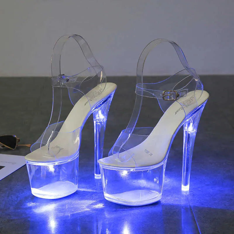 Dress Shoes New 17CM Super High Nightclub High Heels Transparent Platform Luminous Slippers Women Shoes Led Light Catwalk Pole Dance Sandals G230130