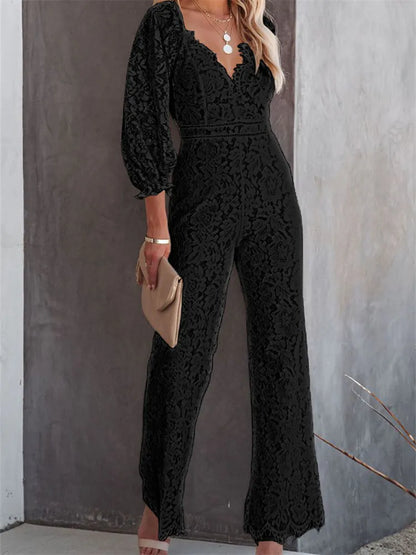 Women's Jumpsuits Rompers CHRONSTYLE Elegant Women Lace Wide Leg Pants Jumpsuits Solid Color Long Sleeve High Waist V Neck Floral Rompers Streetwear 230920