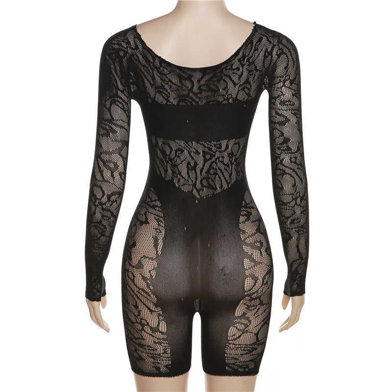 Summer Rompers Women Jumpsuit Sexy Perspective Lace Bodysuit Long Sleeve Hollow Out High Waist Bodycon Yoga Shorts Jumpsuits For Women