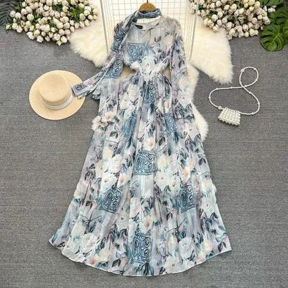 Dresses Casual French Chic Maxi Women Printed O-neck Ribbon Long Sleeve Female Vestidos De Mujer Chiffon Elegant Autumn Dress Dropship