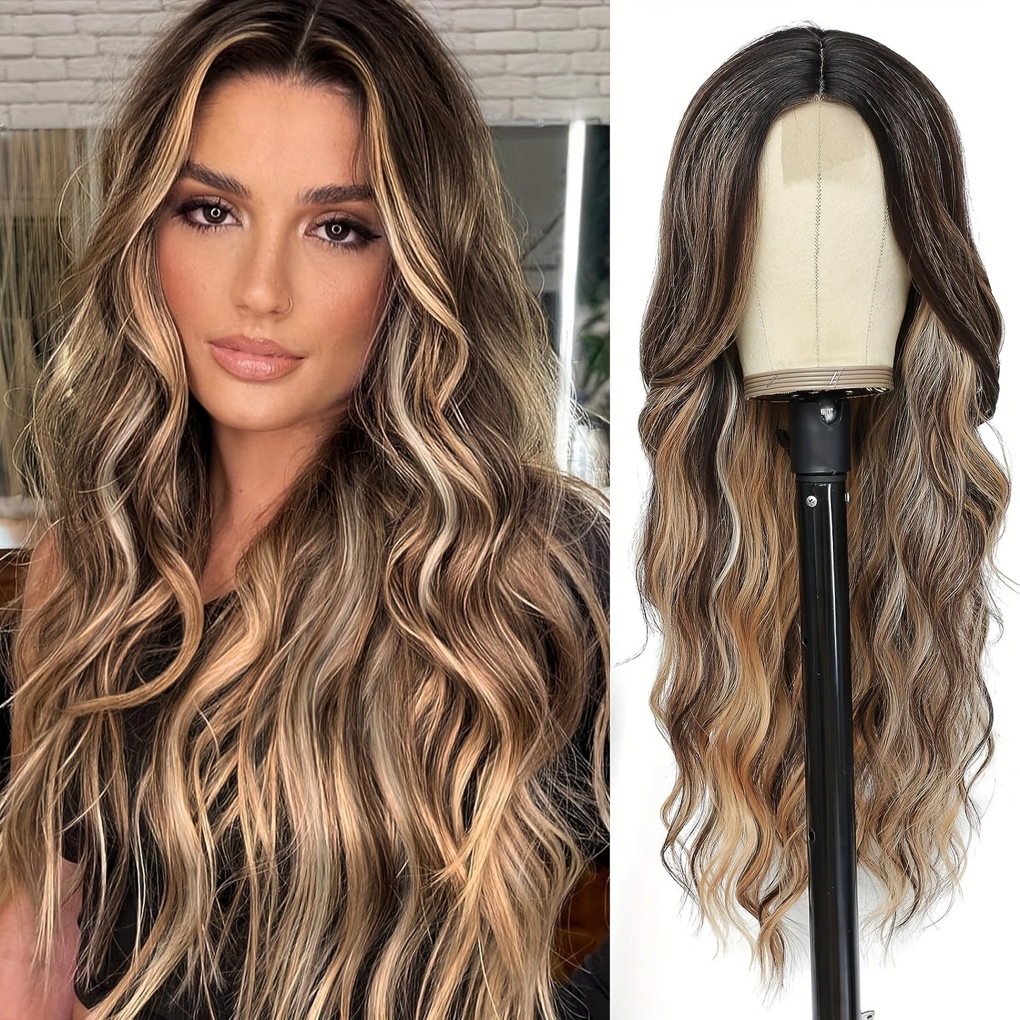 4-Pack U-Part Lace Front Wigs - Brown with Blonde Blend - Long, Wavy/Curly Style - Dark Roots Synthetic Hair - Heat Resistant, Natural-Looking - Perfect for Daily Wear & Parties - Seamless Middle Part Design