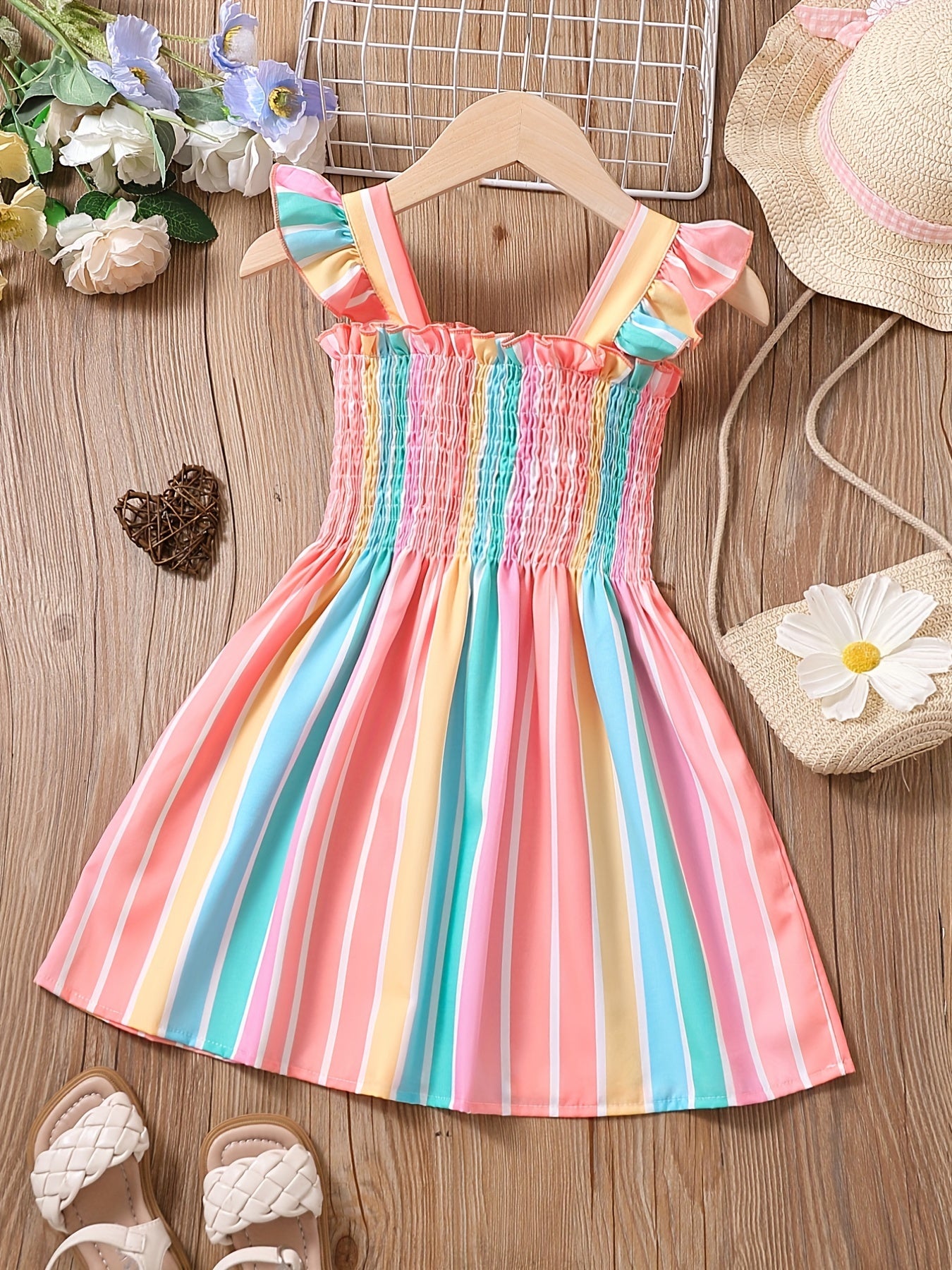 Girls Color Block Striped Sleeveless Ruffles Ruched Dress Kids Summer Clothes