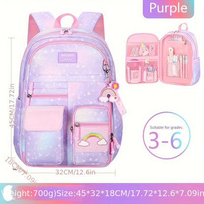 Large Capacity Girls Gradient Rainbow Backpack - Multi-Functional, Spacious & Stylish - Perfect for Primary School Students