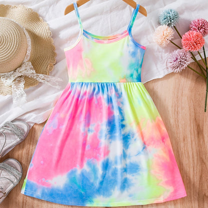 Girls Rainbow Tie Dye Cami Dress For Party Kids Summer Clothes