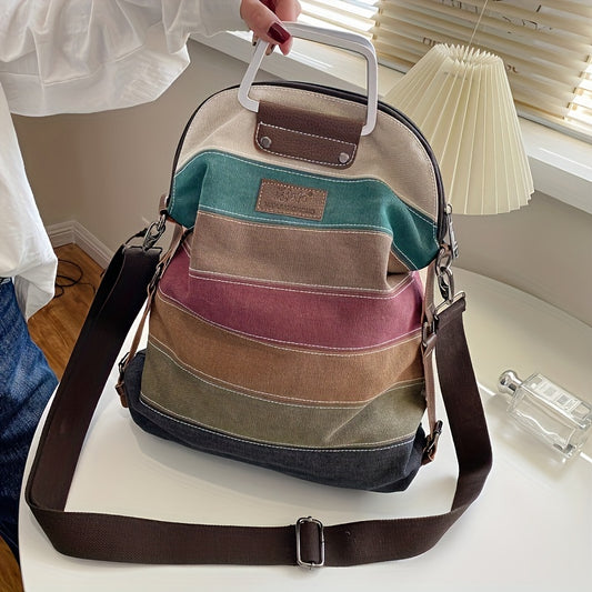 Fashionable Striped Canvas Backpack - Versatile Women's Daypack with Secure Zip Closure & Comfy Shoulder Straps