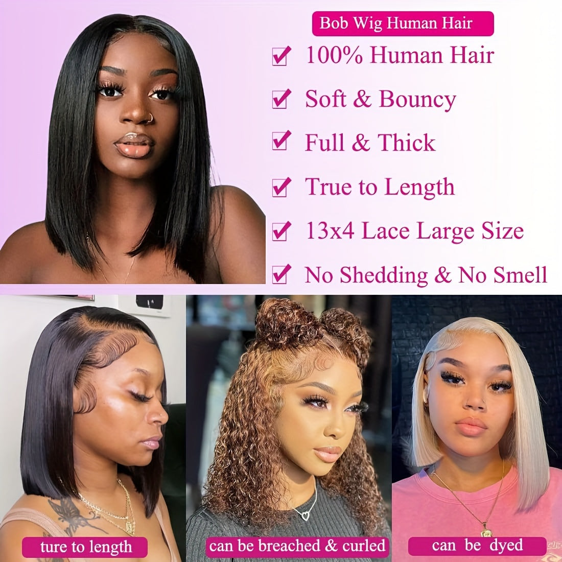 Bob Wig Human Hair 13x4 Lace Front Wigs For Women Frontal Bob Wigs Brazilian Virgin Human Hair 150% Density Pre Plucked Straight Short Bob Human Hair Natural Black