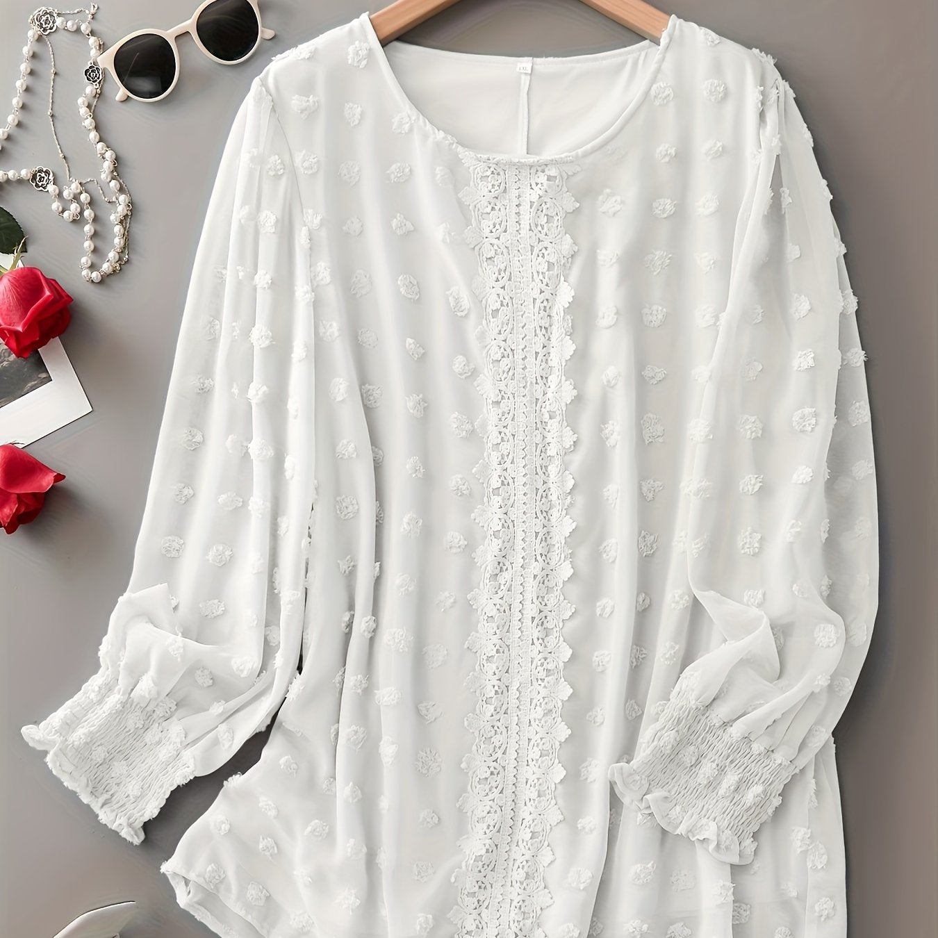 Flattering Plus Size Lace Blouse with Pompom Trim - Delicate Crew Neck Long Sleeve Top for Stylish Spring Days - Womens Fashion Plus Size Clothing