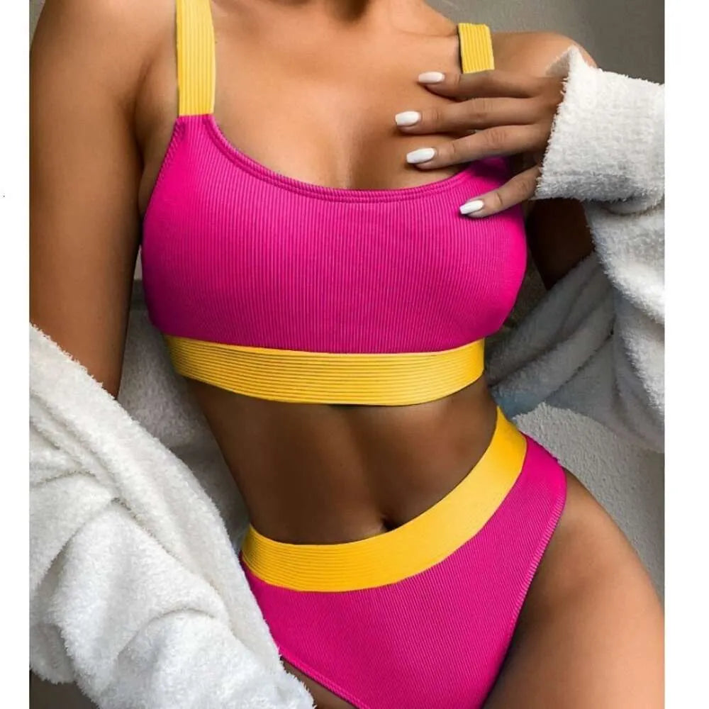 New Split High Waist Solid Color Bikini Women's Swimsuit