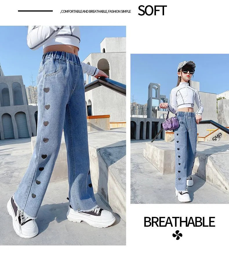 Jeans Big Size Love Heart Printing Girls Autumn Fashion Straight Style Wide Leg Pants For Kids 3-12 Years Children Clothing