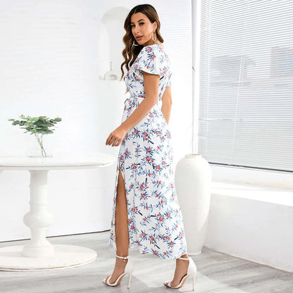 Sexy Bohemian V-neck Floral Slit Skirt  Summer Women's Oversized Chiffon Dress