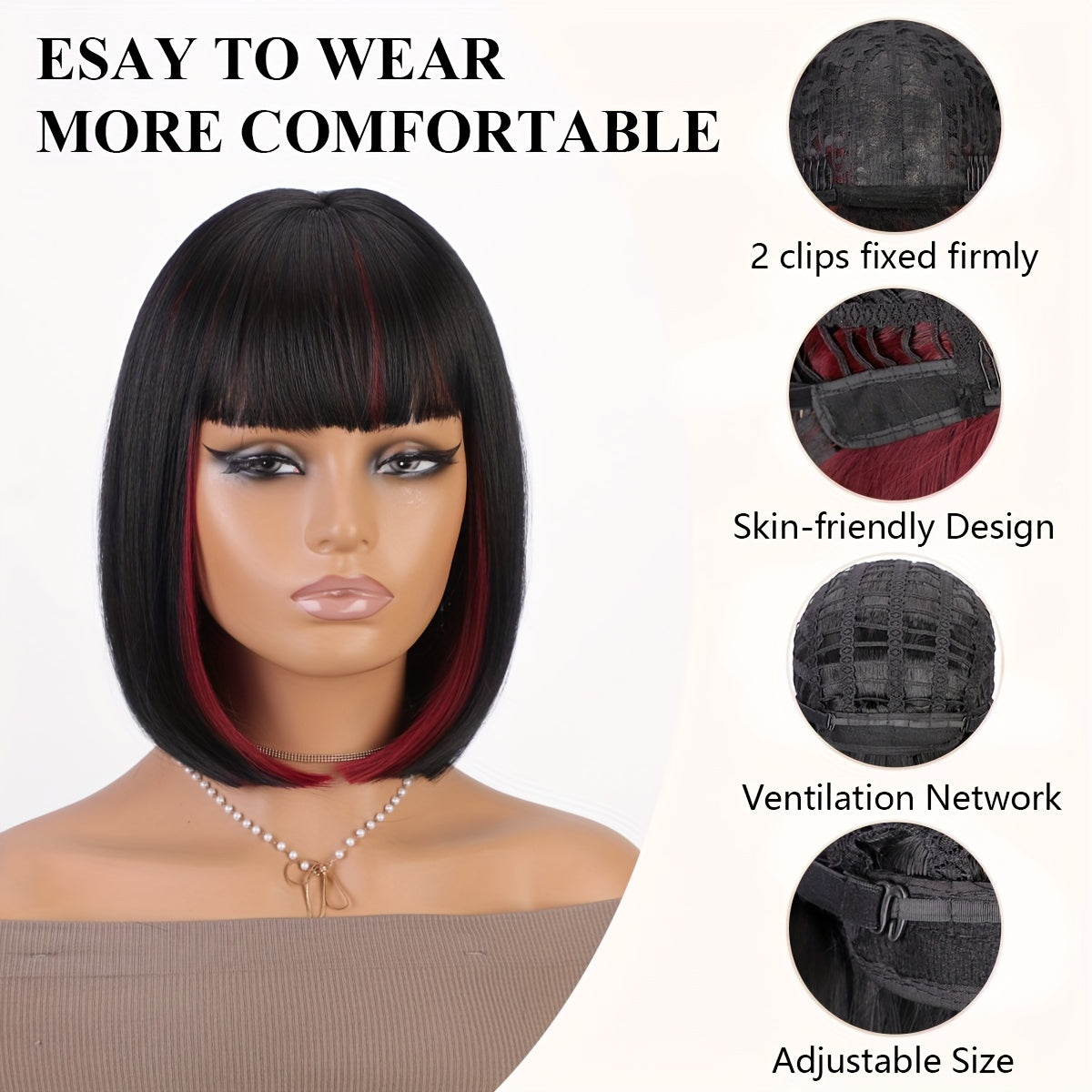 12 Inch Black Mix Burgundy Wine-Red Blunt Cut Bob Wig - Yaki Straight, 130% Density, Rose Net Cap, Highlight Short Straight Synthetic Daily Use Wig for Women - Perfect Party Style