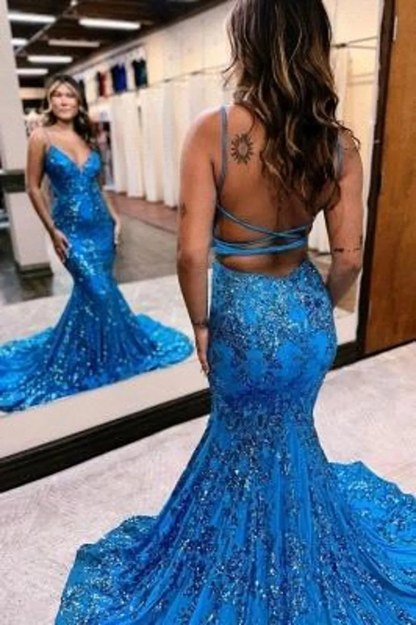 Fantastic Blue Sequined Mermaid Prom Dresses Sexy Backless Spaghetti Straps Appliques Ruffles Long Black Girls Formal Party Graduation Gala Dress BC18385