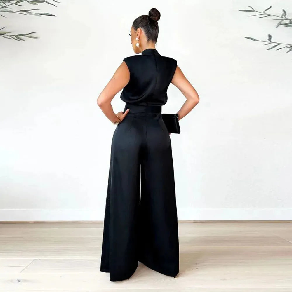 Women Solid Color Sleeveless Jumpsuit Basic Turtleneck Girdling Onepiece WideLeg Jumpsuits Causal Formfitting Woman 240424