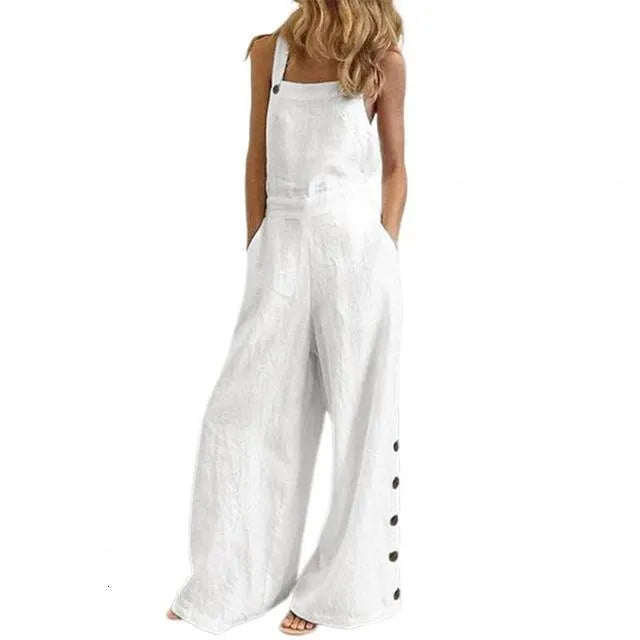 Women's Jumpsuits Rompers Women Jumpsuit Summer Sleeveless Solid Color Wide Leg Pockets Loose Strappy Playsuit Overall Wide Leg Pockets mono mujer verano 230131