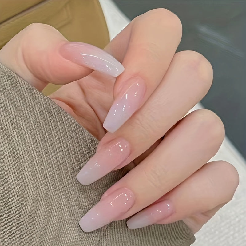Press On Nails Long Square Fake Nails, Gradient Pink Full Cover Glossy Reusable Acrylic False Nails Manicure Kit For Women Girl