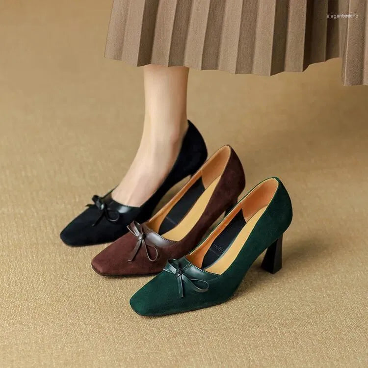 Dress Shoes Genuine Leather Women's With Thin Heels Square Toe Bow Shallow Cut Sheepskin Suede Single High