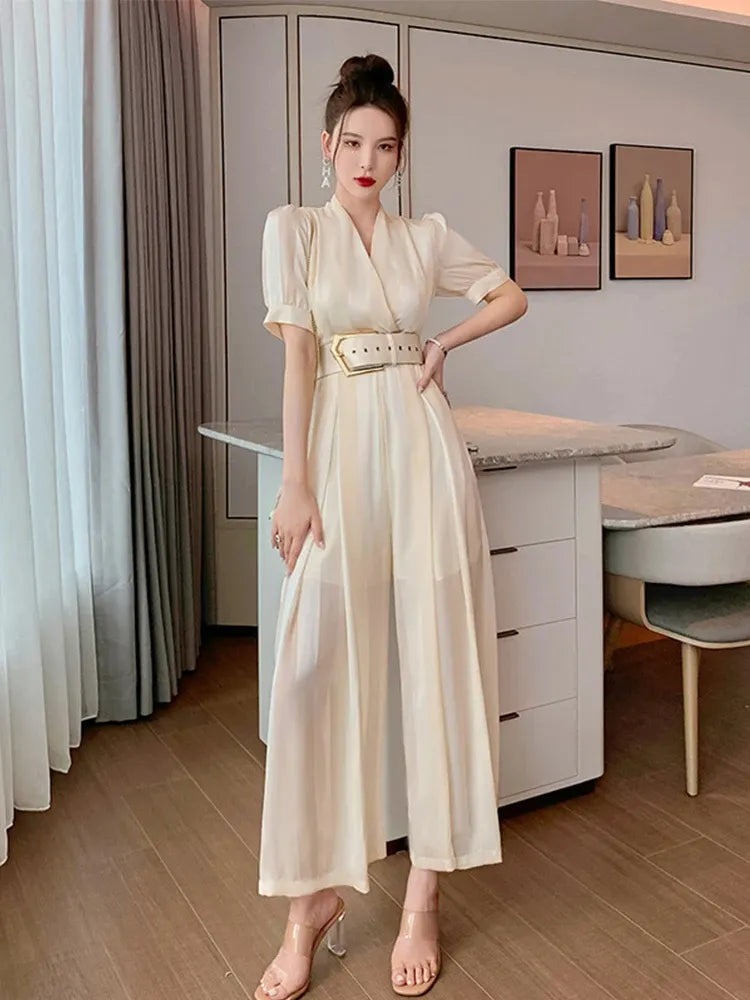 Basic Casual Dresses Summer Women Jumpsuit Elegant Noble Professional Fashion Striped V-neck Adjustable Waist Long Wide Leg Rompers Office Street