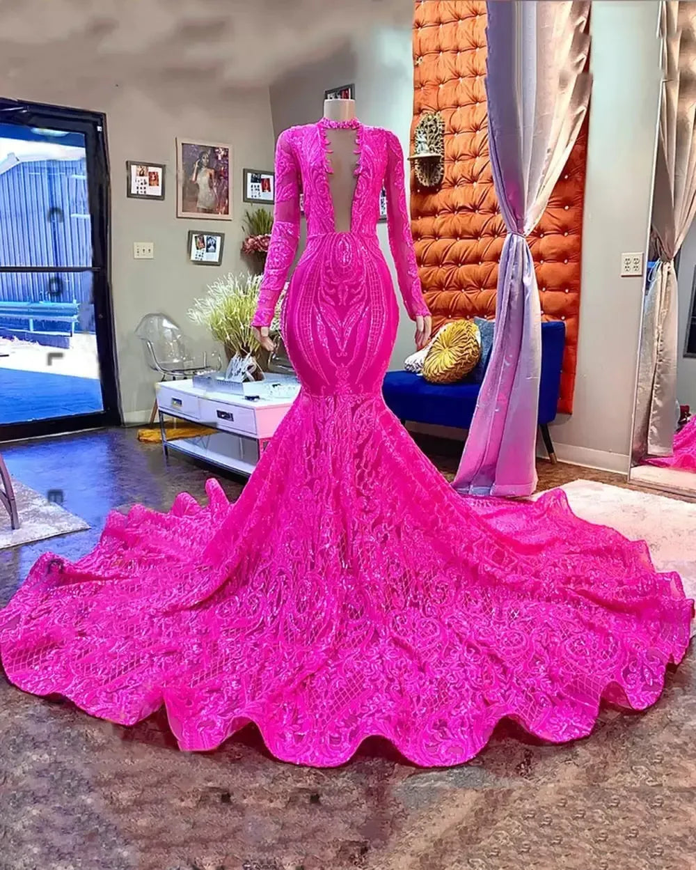 Fuchsia Mermaid Prom Dresses African Black Girl Long Sleeves Sparkly Sequin Lace Party Evening Dress Bc15052 0618