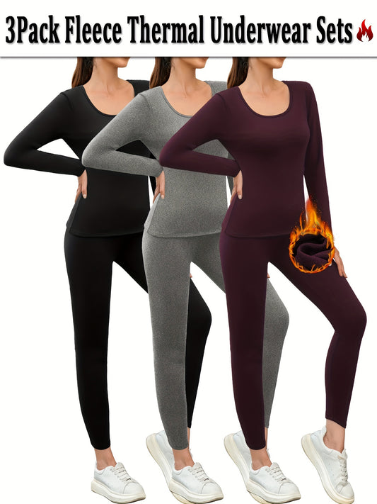 3-Pack Women's Thermal Fleece Underwear Sets - Solid Color, High Elasticity, Knit Fabric, Polyester - Warm Lined Top and Bottom Thermal Leggings for Workout, Running, Yoga, Loungewear, Winter Pajamas