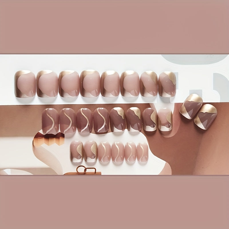 24pcs Nude Brown Press On Nails Short Square Fake Nails Irregular Glossy Full Cover Stick On Nails Metal False Nails For Women Girls