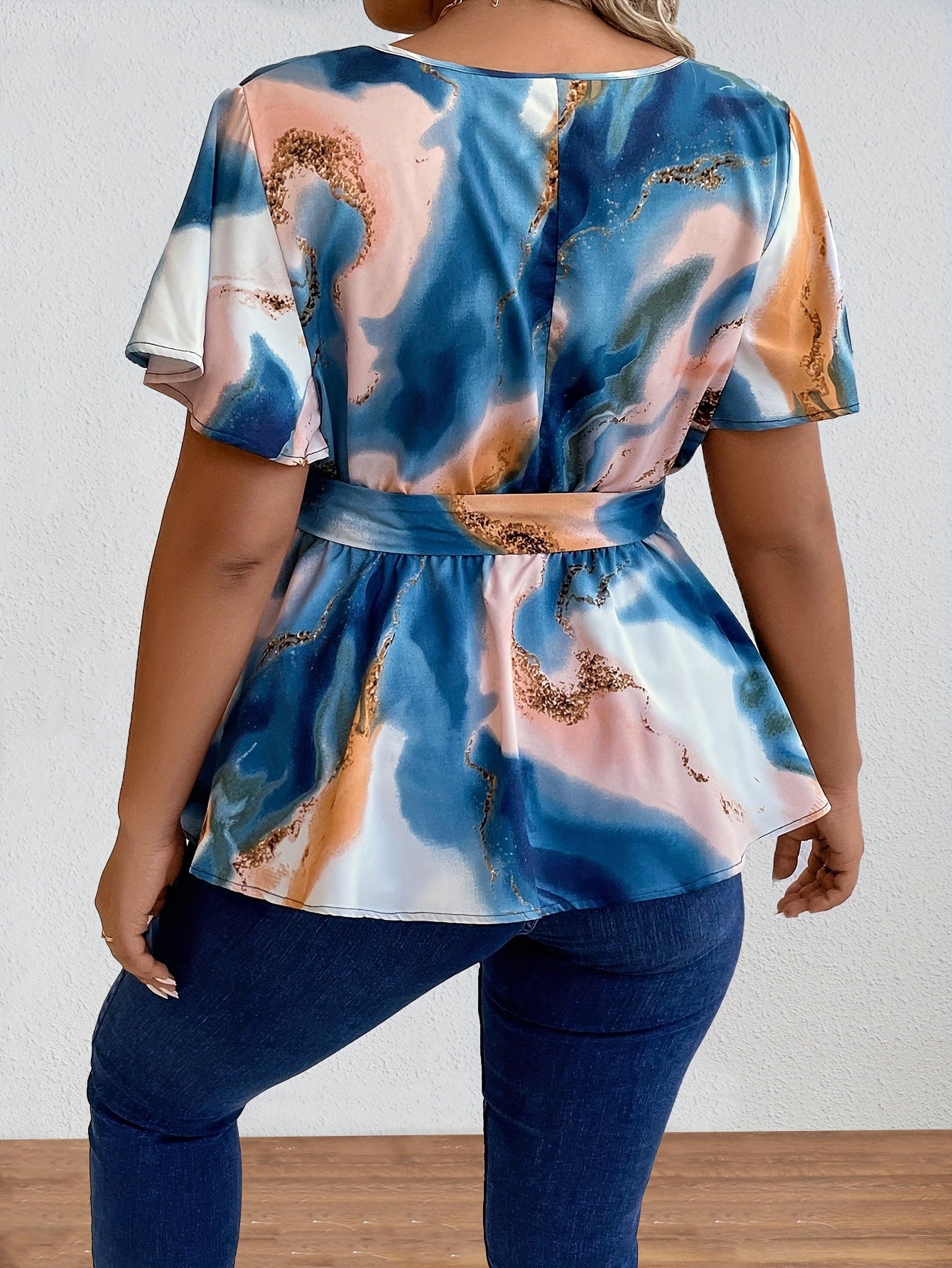 Plus Size Elegant V-Neck Belted Flutter Sleeve Surplice Tie Dye Blouse - Non-Stretch Polyester Color Block Print-Free Woven Top for Summer - Womens Stylish Comfortable Casual Wear
