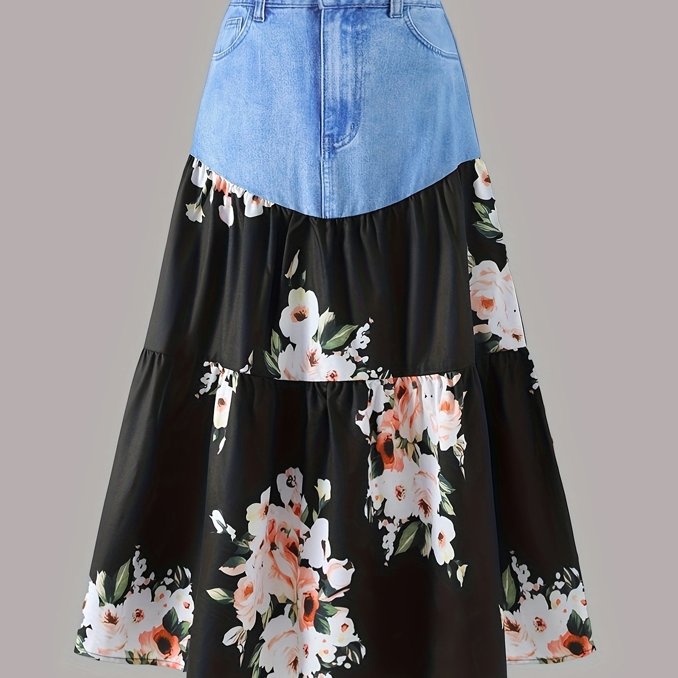 Tween Girls Casual & Trendy Imitation Denim & Flowers Pattern Spliced Maxi Skirt For Spring & Summer