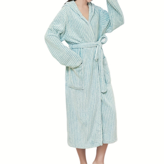 1pc Womens Hooded Bathrobe - Fashionable Striped Long Sleeve, Ultra-Soft Loose Loungewear with Handy Pockets - Adjustable Sash for Custom Fit - Perfect for Home, Bathroom, Sauna & Spa Relaxation