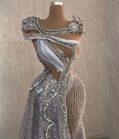 NEW Arabic Aso Ebi Sparkly Silver Luxurious Prom Dresses Beaded Crystals Evening Formal Party Second Reception Birthday Engagement Gowns Dress BC18444