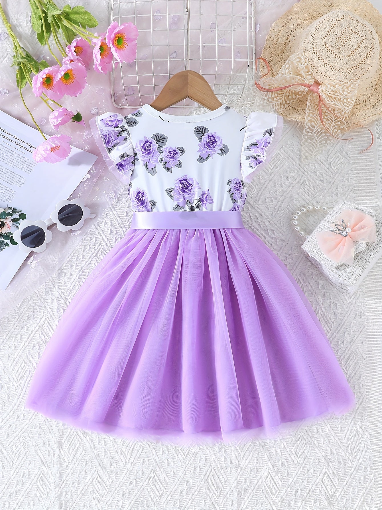 Girls Sweet Floral Round Neck Tutu Dress With Ribbon Bow Belt For Summer