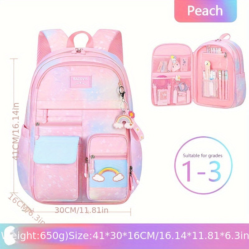 Large Capacity Girls Gradient Rainbow Backpack - Multi-Functional, Spacious & Stylish - Perfect for Primary School Students