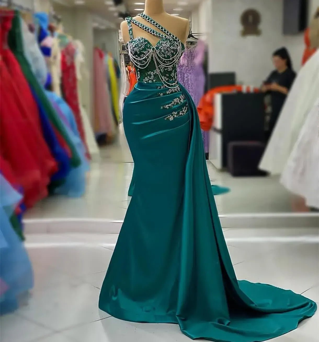 Aso Ebi Arabic Hunter Green Mermaid Prom Dress Crystals Lace Evening Formal Party Second Reception Birthday Engagement Gowns Dresses Robe De Soiree