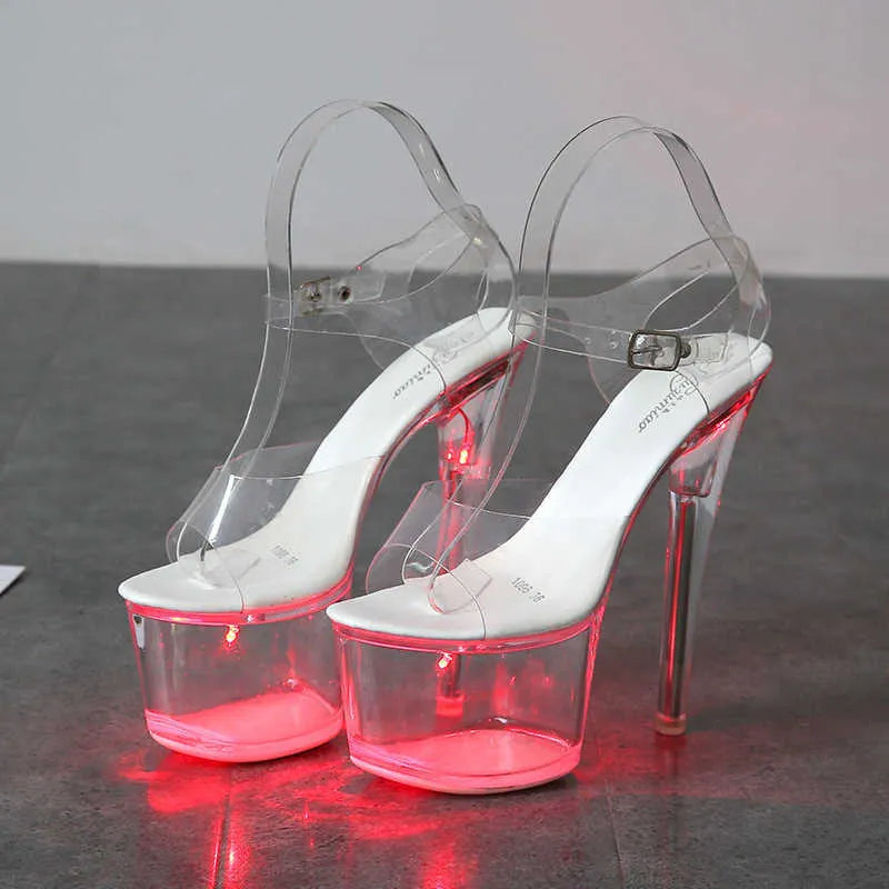 Dress Shoes New 17CM Super High Nightclub High Heels Transparent Platform Luminous Slippers Women Shoes Led Light Catwalk Pole Dance Sandals G230130