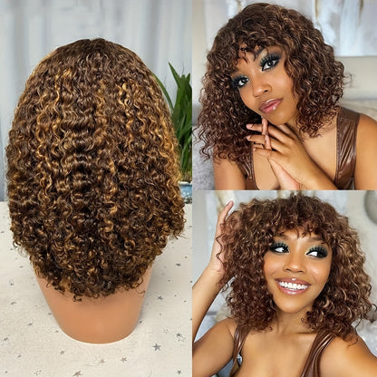 180% Density Short Curly Brown Highlight Human Wig with Bangs - 100% Brazilian Virgin Hair, No Lace Front, Natural Looking, Soft and Silky Texture, Easy to Style and Maintain - High-Quality Hairpiece for Women