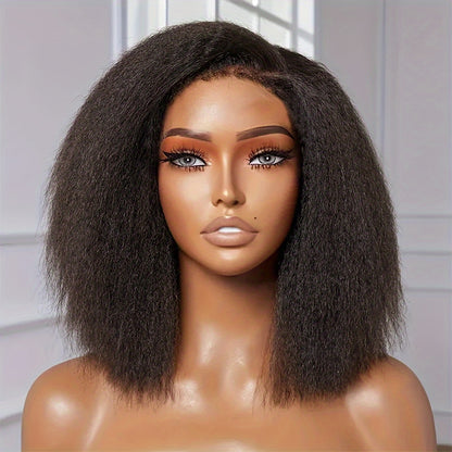 13x4 HD Transparent Brazilian Lace Frontal Wig - Glueless Pre-Plucked Yaki Straight Short Bob for Women - 200% Density, Coarse, Sports Style, Swiss Lace, Kinky Straight, 10-16 Inches