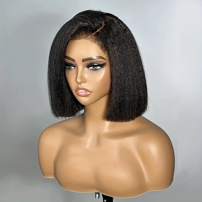 13x4 HD Transparent Brazilian Lace Frontal Wig - Glueless Pre-Plucked Yaki Straight Short Bob for Women - 200% Density, Coarse, Sports Style, Swiss Lace, Kinky Straight, 10-16 Inches