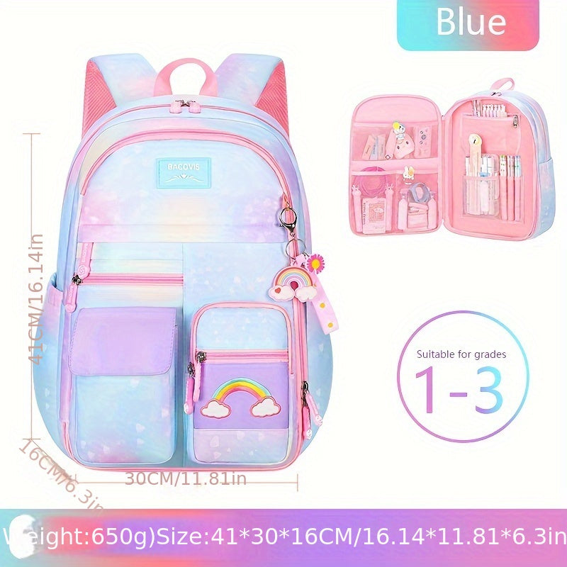 Large Capacity Girls Gradient Rainbow Backpack - Multi-Functional, Spacious & Stylish - Perfect for Primary School Students