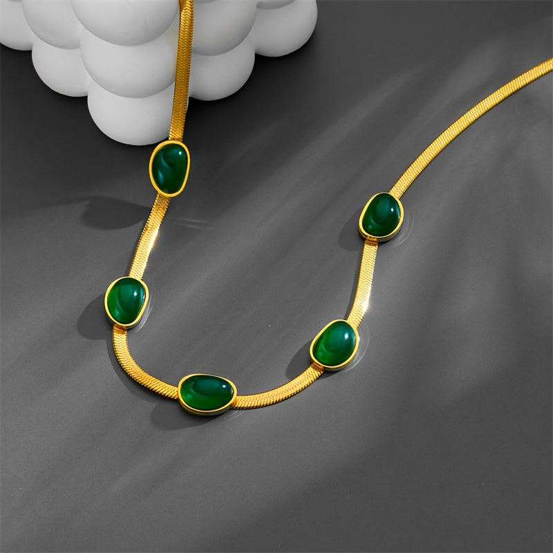 High grade titanium steel blade chain with retro emerald green bean necklace, women's simple and elegant collarbone chain