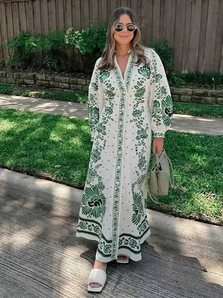 Basic Casual Dresses Fashion Print Single Breast Maxi Dress For Women V Neck Long Lantern Slve Loose Robes  New Female Holiday Vestidos Y240515