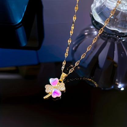 Glamorous Shiny Zircon Heart Opal Pendant Necklace - Delicate Flower Accent, Romantic Holiday Style - A Chic Gift for Girls and Women