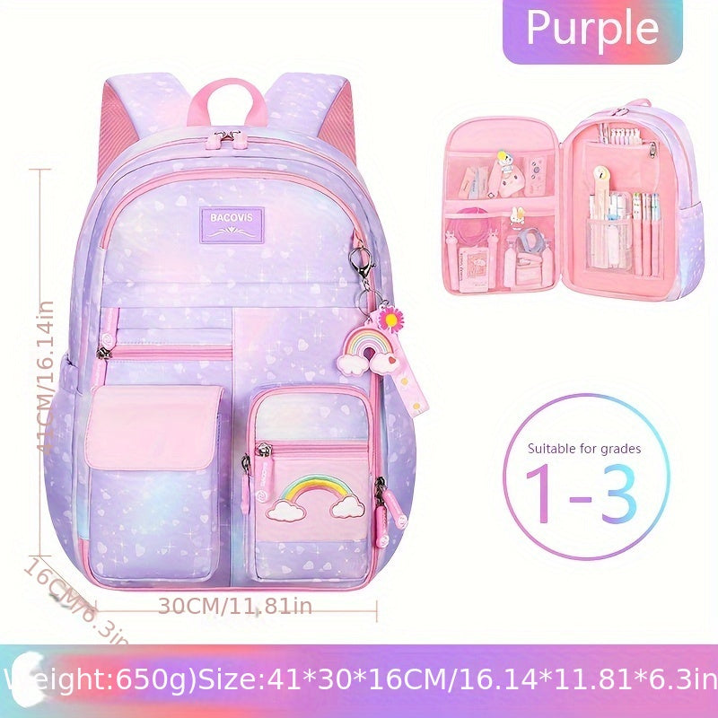 Large Capacity Girls Gradient Rainbow Backpack - Multi-Functional, Spacious & Stylish - Perfect for Primary School Students