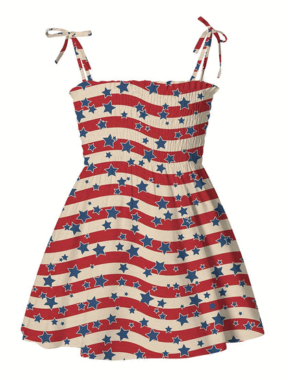 Toddler Girls Stars And Stripes Graphic Frill Trim Shirred Bow Shoulder Cami Dress For Independence Day Kids Summer Clothes