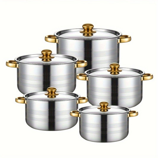 10-Piece Durable Stainless Steel Saucepan Set with Lids - Induction Compatible, Dual Handle Pots for Versatile Kitchen Cooking, 5 Sizes for Soup, Stew, Noodles and More