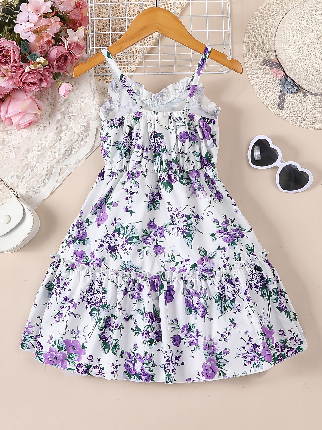 Girls' Casual Cute Sundress With Purple Floral Print For Summer Vacation