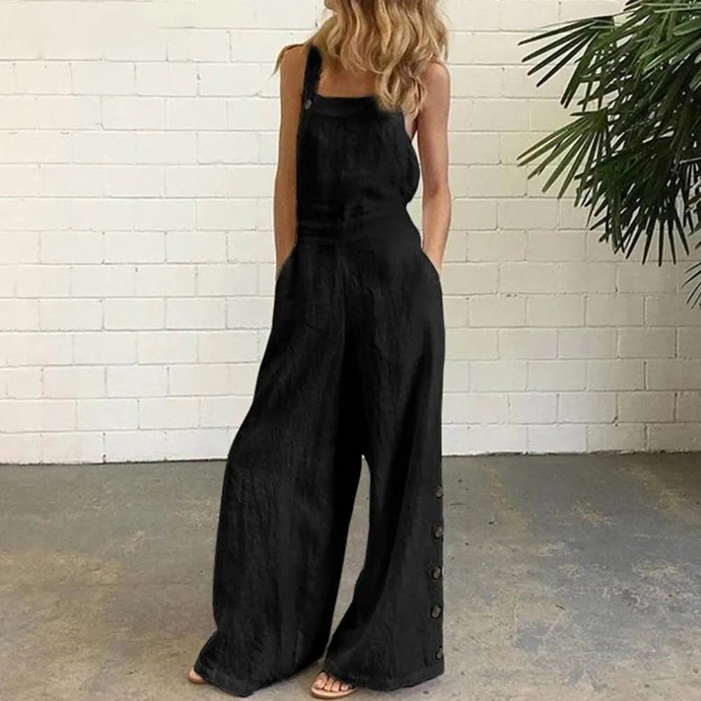 Women's Jumpsuits Rompers Women Jumpsuit Summer Sleeveless Solid Color Wide Leg Pockets Loose Strappy Playsuit Overall Wide Leg Pockets mono mujer verano 230131