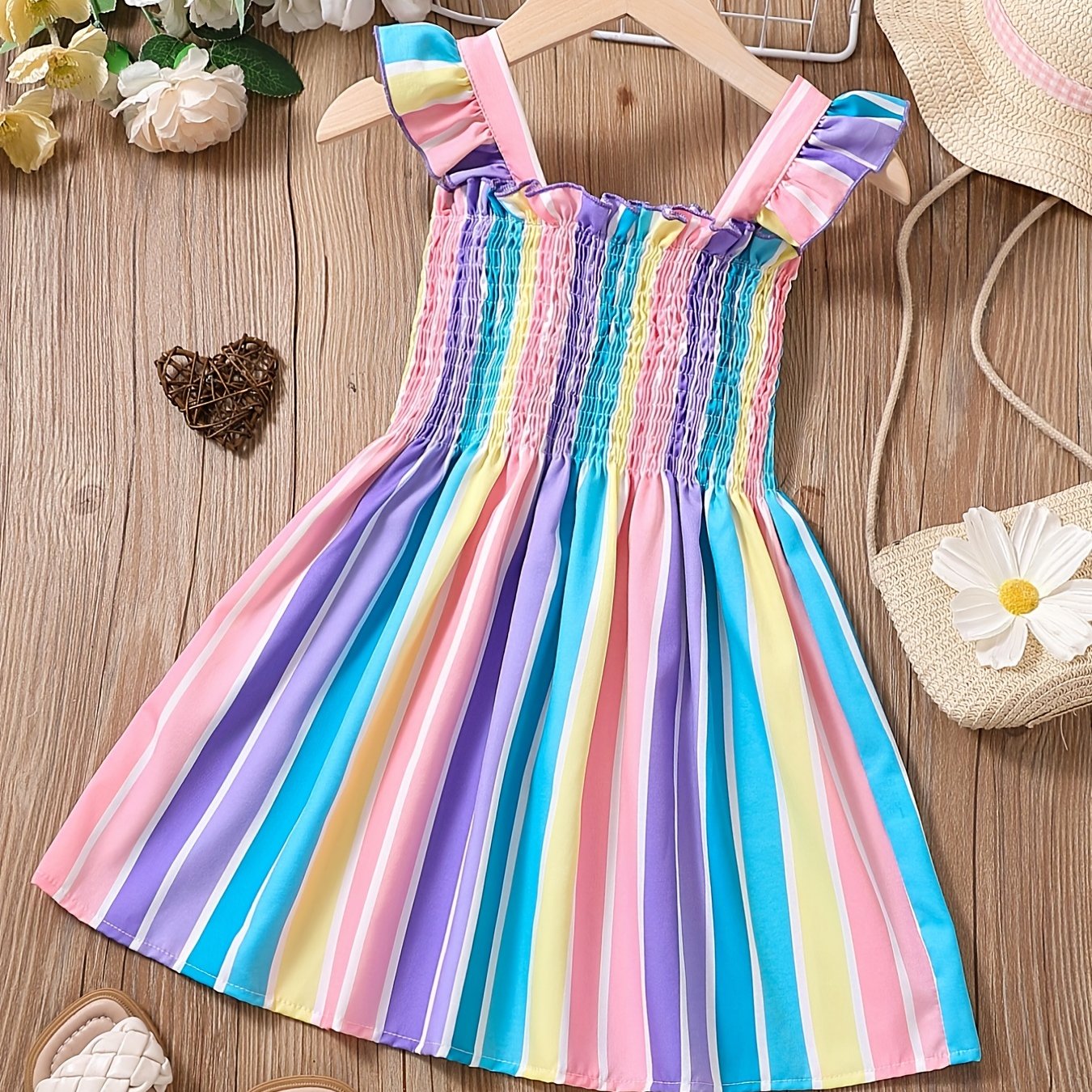 Girls Color Block Striped Sleeveless Ruffles Ruched Dress Kids Summer Clothes