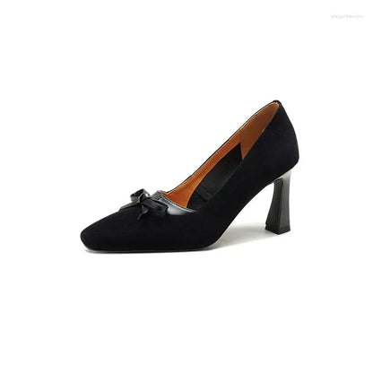 Dress Shoes Genuine Leather Women's With Thin Heels Square Toe Bow Shallow Cut Sheepskin Suede Single High