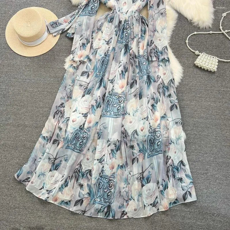 Dresses Casual French Chic Maxi Women Printed O-neck Ribbon Long Sleeve Female Vestidos De Mujer Chiffon Elegant Autumn Dress Dropship