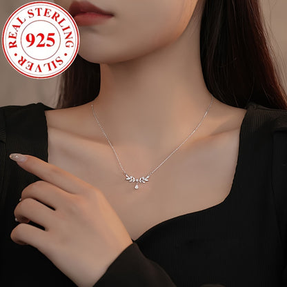 1pc S925 Sterling Silver Shining Zircon Wheat Ear Necklace, Fashionable Gift For Women, Suitable For Holiday Gifts For Women 3.03g/0.106oz