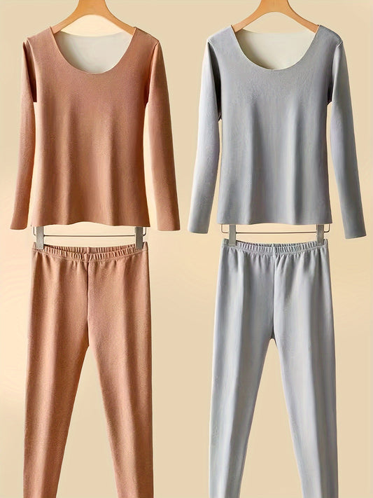 2 Seamless Thermal Underwear, Long Sleeve Crew Neck Tops & Pants, Women's Loungewear & Underwear