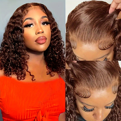 Chocolate Brown Short Bob Curly Wigs Human Hair 4X4 Hd Transparent Lace Closure Wig Pre Plucked With Baby Hair #4 Brown Glueless Curly Wigs Brazilian Virgin Hair For Women